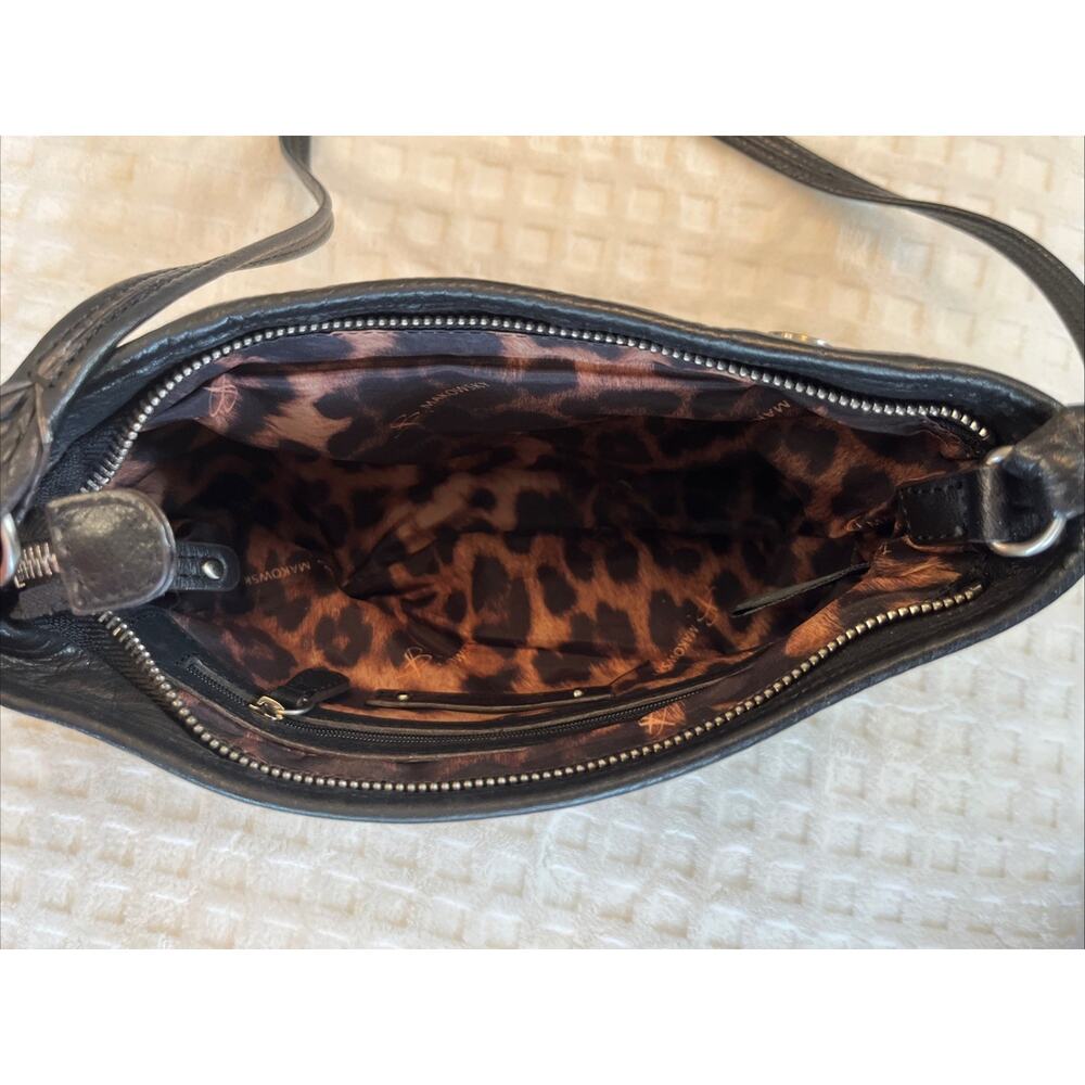 B Markowsky Soft Black Leather Studded Crossbody Bag Purse Animal Print Interior - Picture 5 of 9